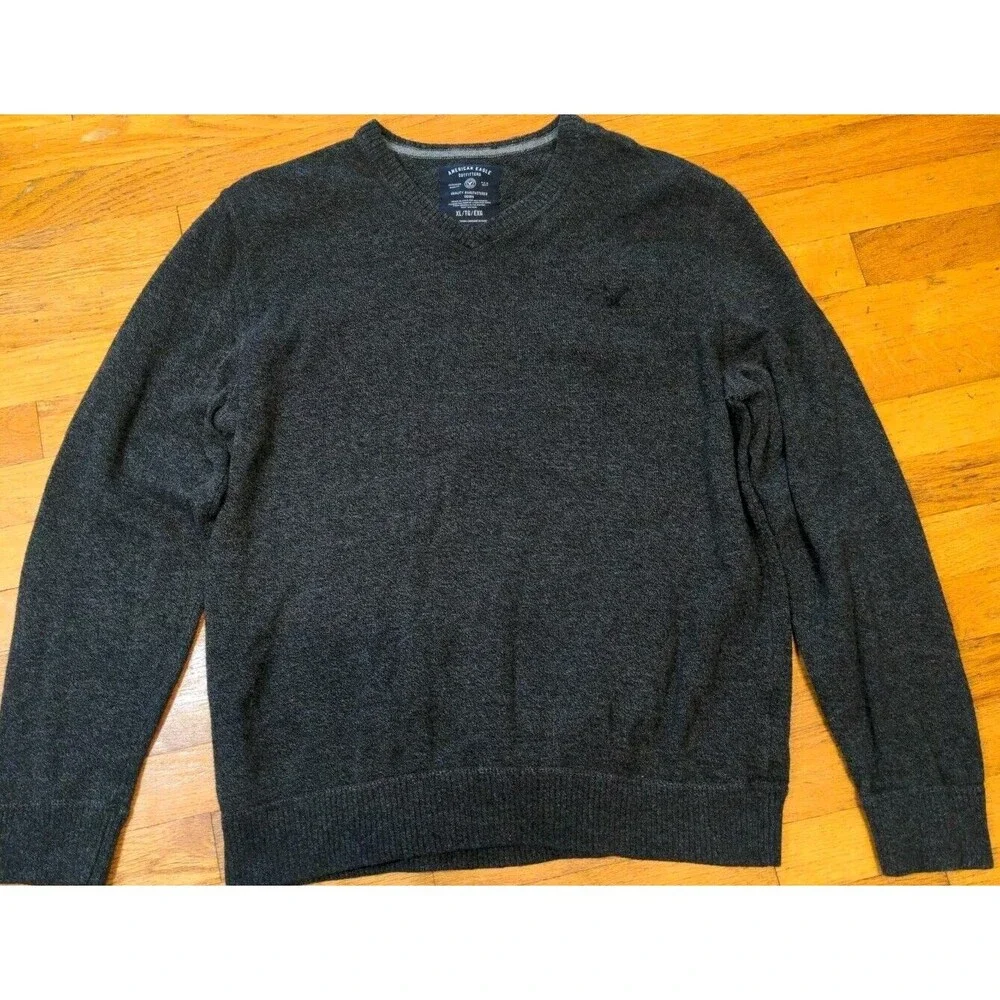 Men's American Eagle Long Sleeve Gray V-Neck Cotton Sweater Size XL EUC